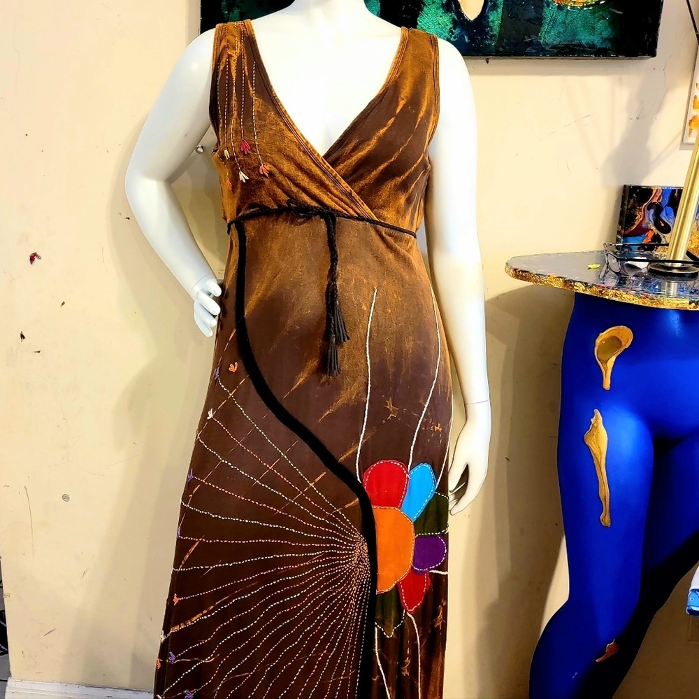 NWT Dodo Bar Or Jenny Long Dress Vintage Look orange Flower Midi 100% viscose.